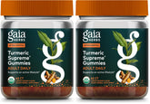 Gaia Herbs front packaging showing organic turmeric gummies and labeling benefits
