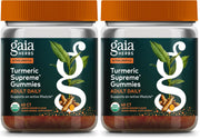 Gaia Herbs front packaging showing organic turmeric gummies and labeling benefits
