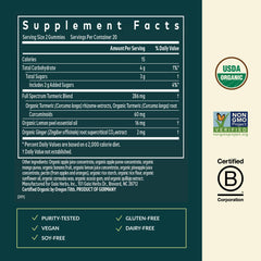 Gaia Herbs Turmeric Supreme label closeup highlighting organic quality.