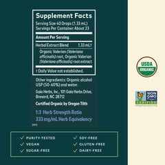 Gaia Herbs Valerian Root packaging label highlights organic, vegan ingredients.