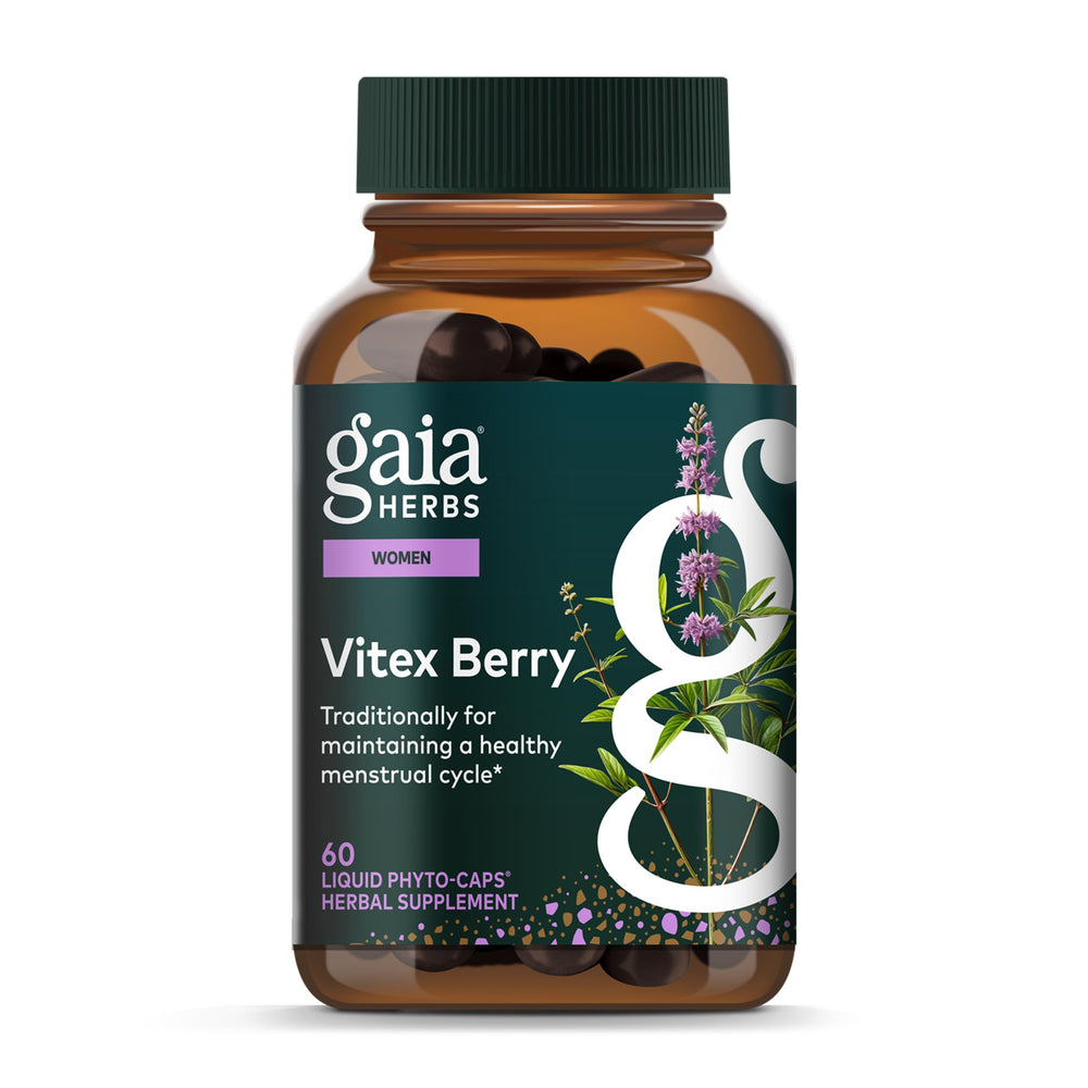 Gaia Herbs Vitex Berry bottle label highlights branding for menstrual health support