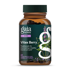 Gaia Herbs Vitex Berry bottle label highlights branding for menstrual health support