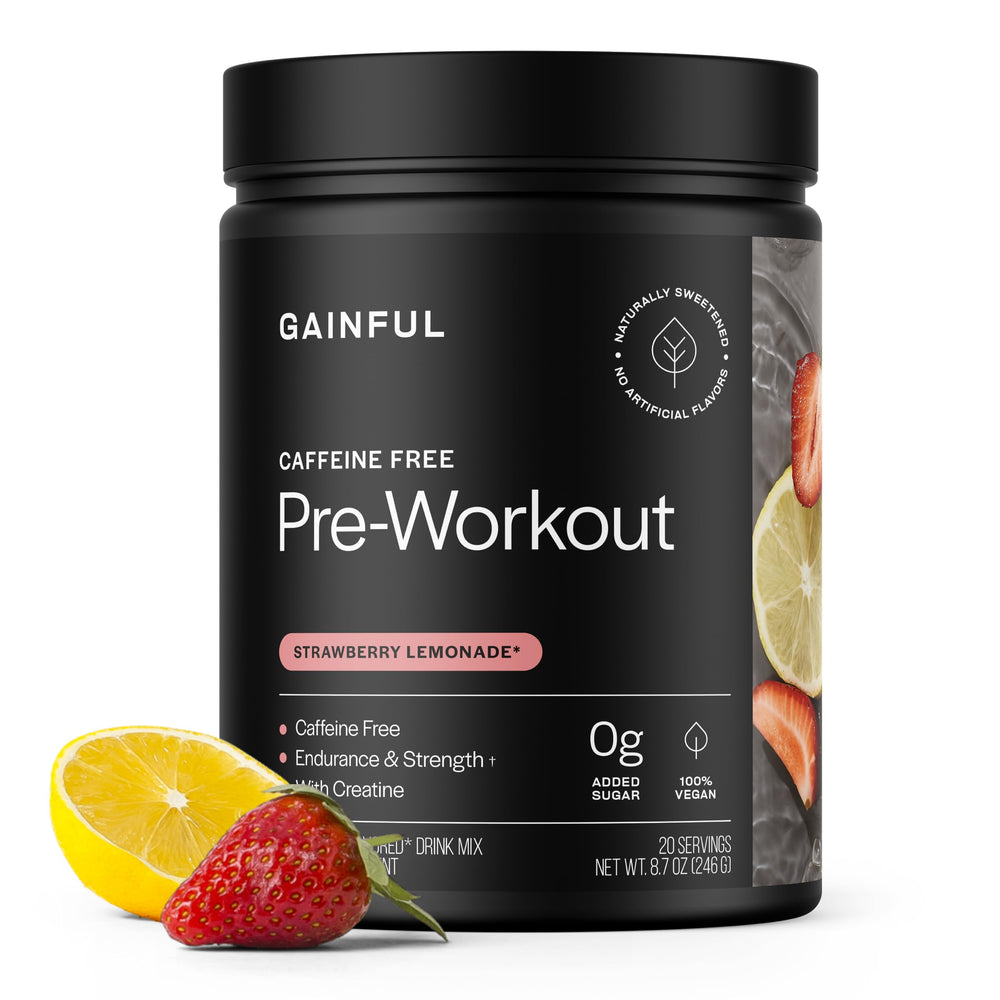 Gainful caffeine-free pre-workout powder bottle for caffeine-free workout energy.
