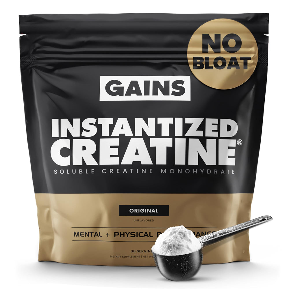 Gains in Bulk instantized creatine powder dissolves fully for smooth drinks.