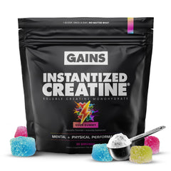 Gains in Bulk Instantized Creatine Sour Gummy tub for lean muscle support.