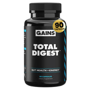GAINS IN BULK Total Digest bottle label highlights gut health support for meals.