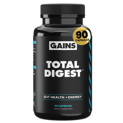 GAINS IN BULK Total Digest bottle label highlights gut health support for meals.