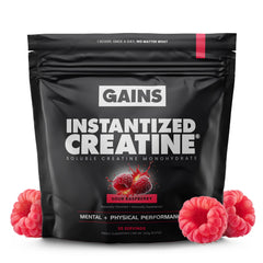 GAINS IN BULK Instantized Creatine powder with scoop for precise daily dosing and smooth mixing.