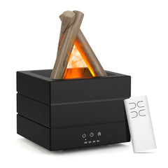 Gallkeat campfire flame diffuser glows warmly, creating cozy living room ambience.