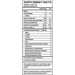 Nutrition label close-up highlights vitamins and organic caffeine.