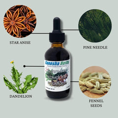 Ganesha Herbs Suramax wildcrafted Bozeman pine needles highlight natural sourcing.