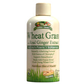 Garden Greens Wheat Grass Liquid bottle with lemon, highlighting digestion support and refreshing flavor.