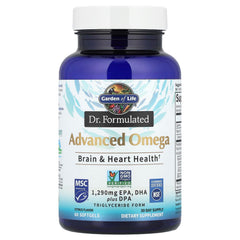 Garden of Life Advanced Omega Fish Oil lemon label displays EPA, DHA, and DPA amounts