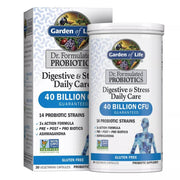 Garden of Life Digestive + Stress Probiotic bottle label highlights gluten-free and 40B CFU.