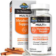 Garden of Life Dr. Formulated Multi+ Metabolism Support bottle closeup, metabolism-friendly nutrients.