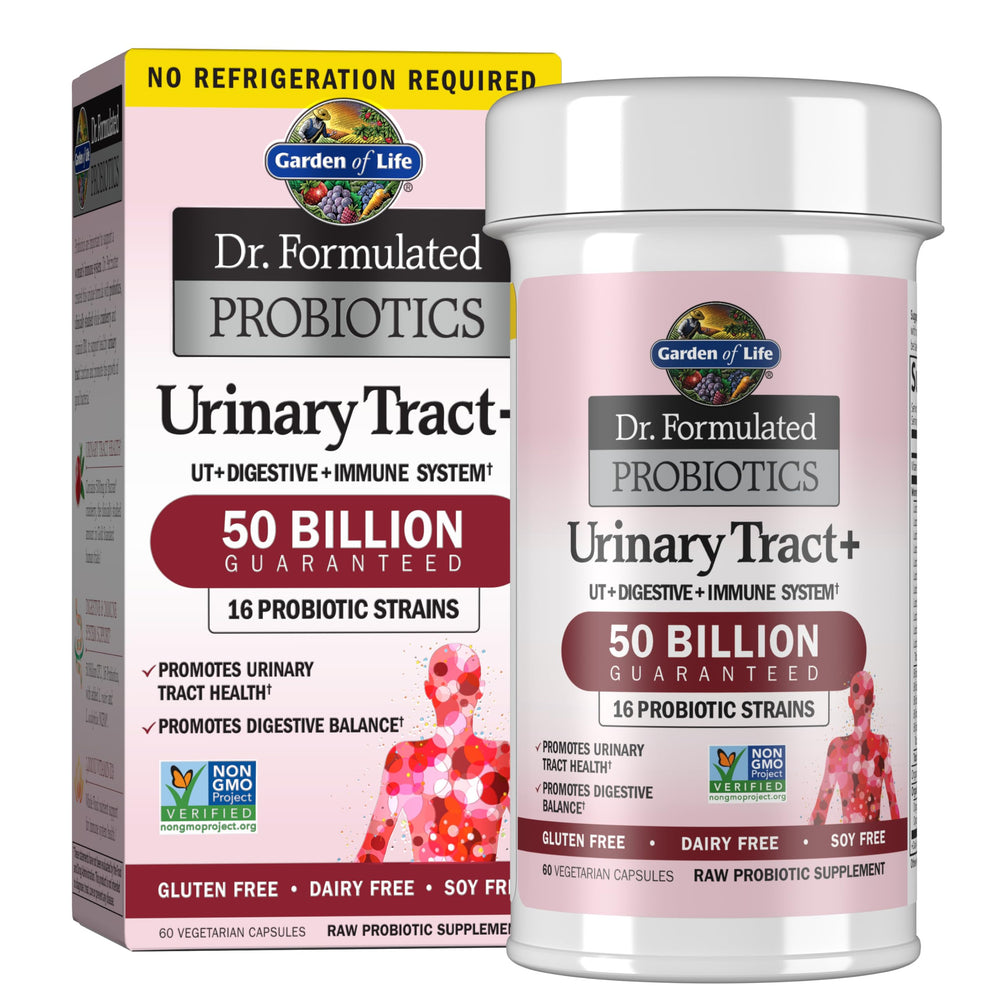 Garden of Life Dr. Formulated Urinary Tract Plus bottle with capsules for UT and digestion.