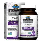 Garden of Life Mood+ bottle front highlights probiotic potency for mood support.