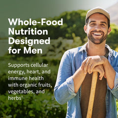 Garden of Life Once Daily Men’s Multivitamin tablet close-up shows plant‑based nutrients.