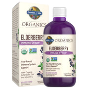 Garden of Life Organics Elderberry Immune Syrup bottle with sugar-free formula for families.