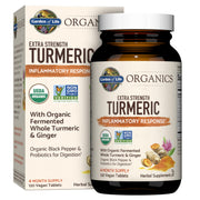 Garden of Life Turmeric extra-strength bottle front shows organic formula for daily inflammatory support