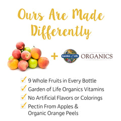 Certifications badges for Garden of Life Organics Turmeric Gummy: organic, non-GMO, gluten-free, vegan