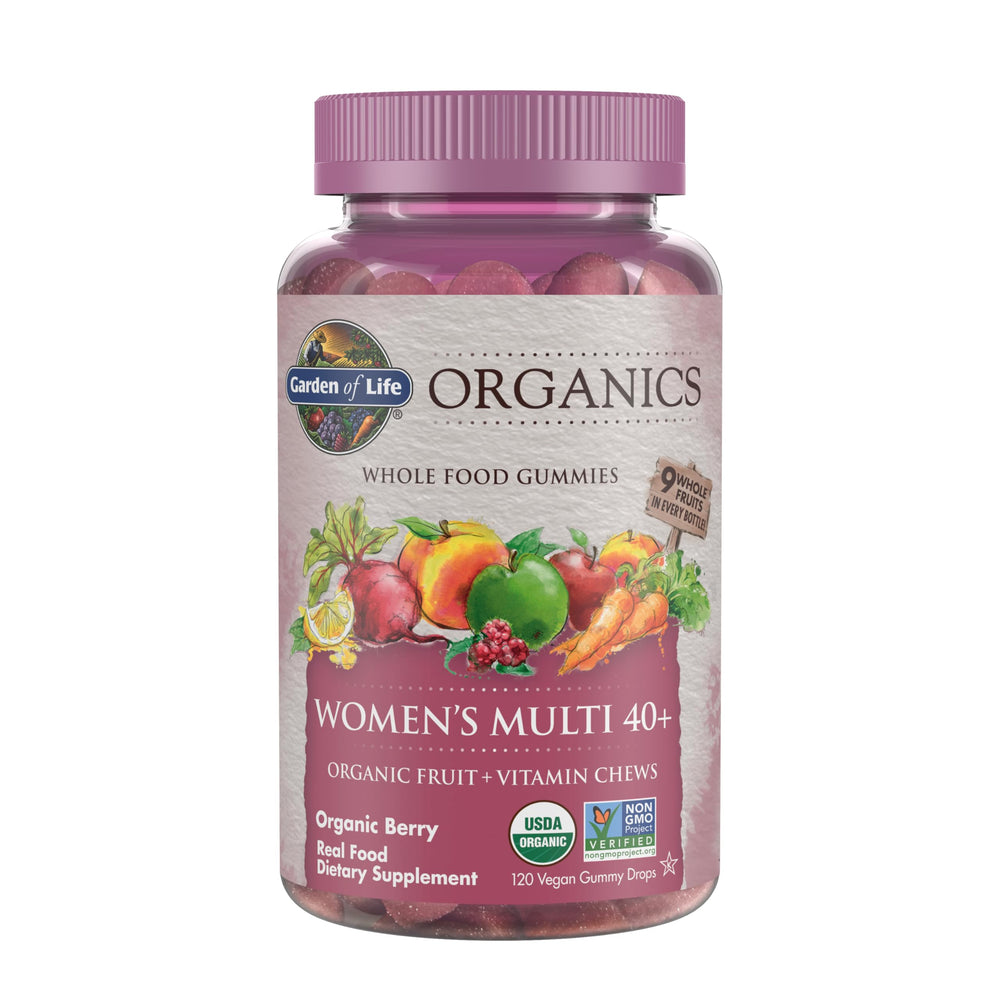 Garden of Life Organics Women 40+ gummies berry bottle for daily wellness support.
