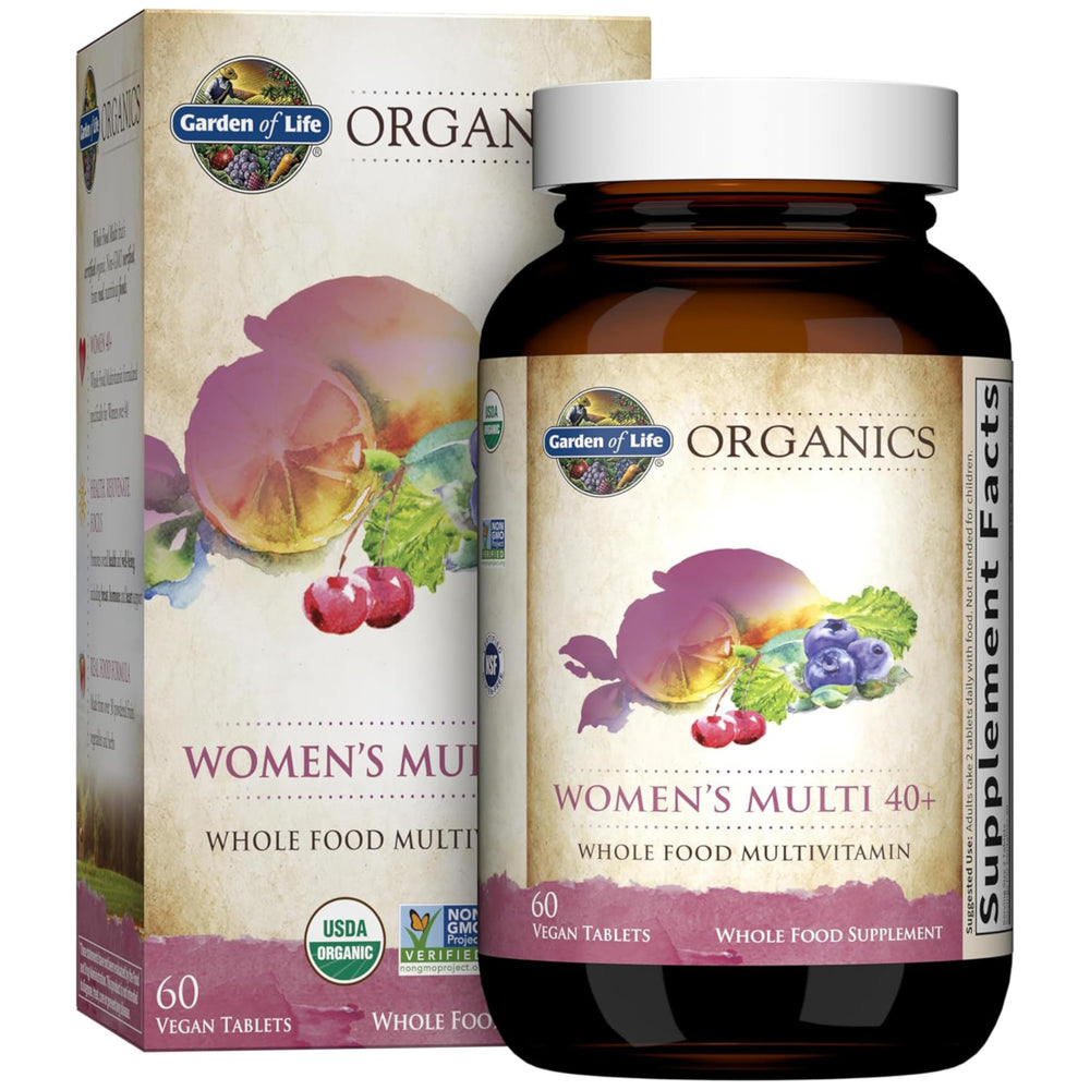 Garden of Life Organics Women 40+ bottle shown, supporting daily energy with B vitamins.
