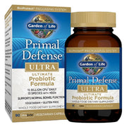 Garden of Life Primal Defense Ultra bottle pour, convenient daily probiotic ritual for digestive balance.