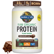 Garden of Life protein powder chocolate shake in glass shows vegan nutrition.