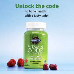 Garden of Life raspberry-flavored bone support gummies showcase plant-based sugar-free appeal.