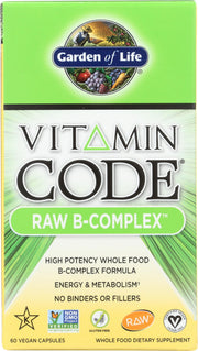 Garden of Life Raw B Complex bottle front showing vegan capsules for energy support