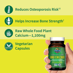 Garden of Life Raw Calcium bottle being poured to show easy-to-take capsules
