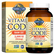 Garden of Life Raw D3 bottle with 2000 IU vitamin D and probiotics for immune support.