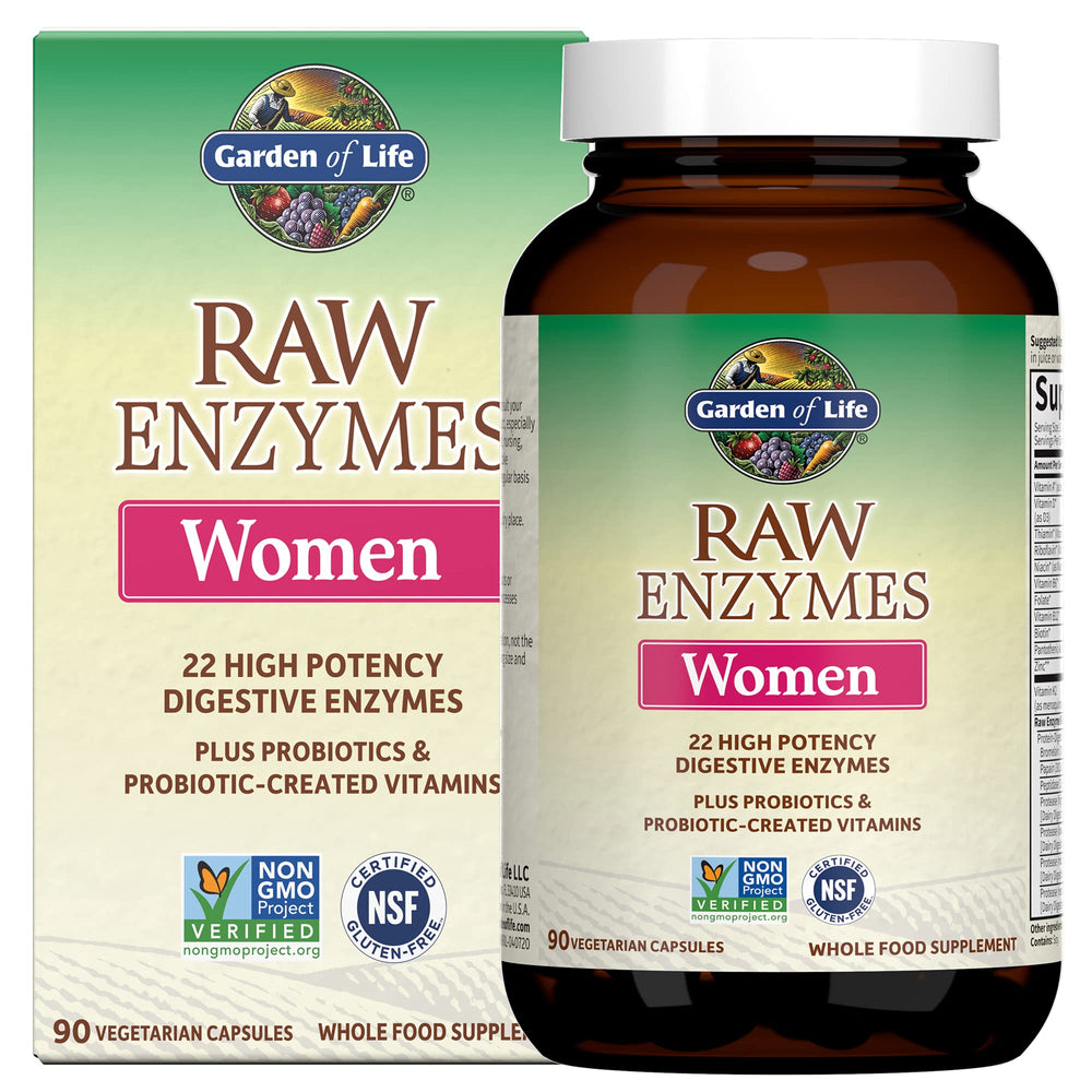 Garden of Life RAW Enzymes for Women bottle front shows 22 enzymes for daily digestion support.