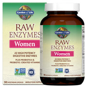 Garden of Life RAW Enzymes for Women bottle front shows 22 enzymes for daily digestion support.