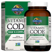 Garden of Life Raw K-Complex bottle close-up highlighting K1 and K2 for bone support.