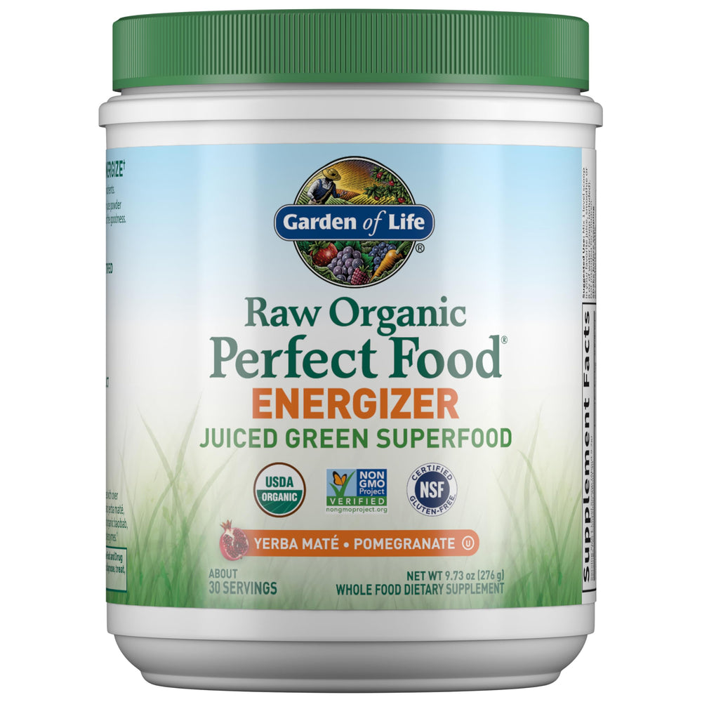 Garden of Life Energizer jar showing Yerba Mate Pomegranate for natural focus
