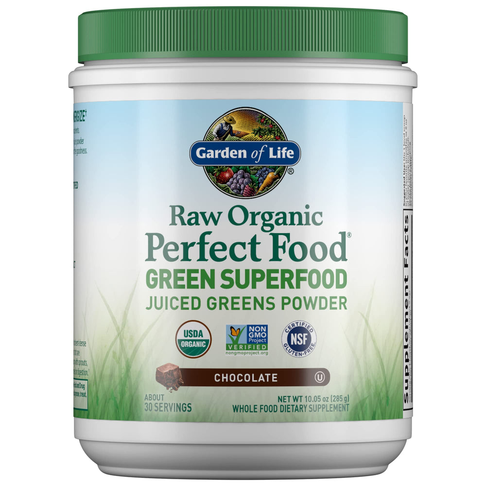 Garden of Life raw organic perfect food chocolate canister on display showing greens powder