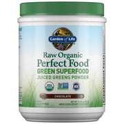 Garden of Life raw organic perfect food chocolate canister on display showing greens powder