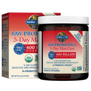 Garden of Life Raw Probiotics 5-Day Max Care tub shows 400B CFU potency for daily balance