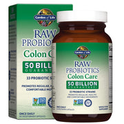 Garden of Life RAW Probiotics Colon Care bottle showing 50B CFU for daily balance.