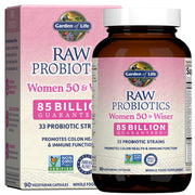 Garden of Life Raw Probiotics for Women 50 & Wiser bottle front promotes digestive balance.