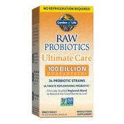 Garden of Life Raw Probiotics bottle front with 30 capsules for daily digestive support.