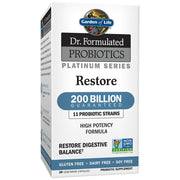 Garden of Life Restore bottle shows 200 billion CFU potency for gut balance.