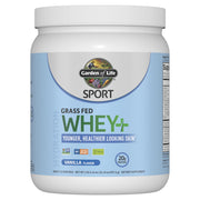 Garden of Life SPORT Whey Vanilla tub front view highlighting high-protein grass-fed formula
