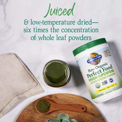 Close-up of Garden of Life Super Greens powder highlighting raw greens