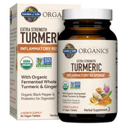 Garden of Life Organics Extra Strength Turmeric bottle front shows organic ingredients and antioxidant potential