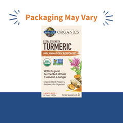 Garden of Life Turmeric bottle side with label highlights 100 mg curcumin and fermentation