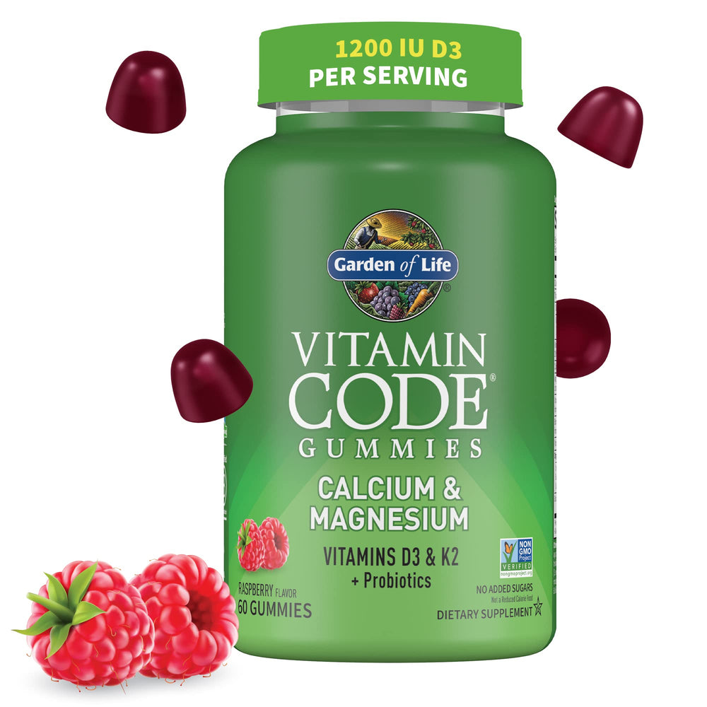 Garden of Life Vitamin Code calcium magnesium gummies bottle shows raspberry flavor signaling bone support.