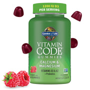 Garden of Life Vitamin Code calcium magnesium gummies bottle shows raspberry flavor signaling bone support.